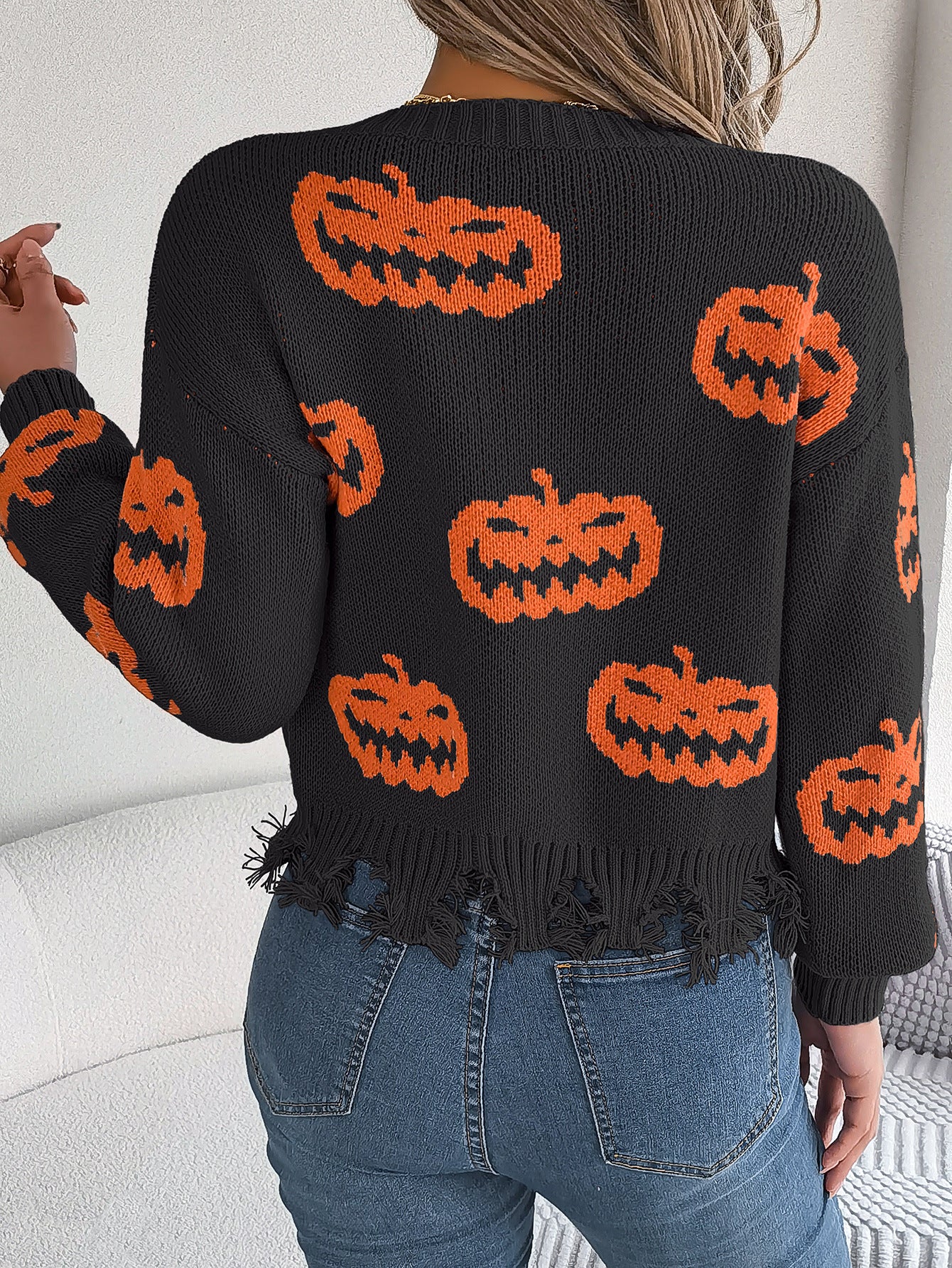 Autumn Winter Halloween Contrast Color Pumpkin Cut Rotten Long Sleeve Pullover Women Clothing