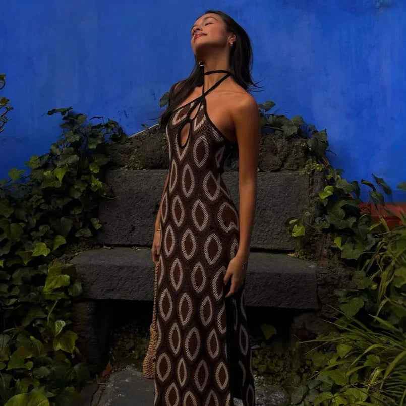 Hollow Out Cutout out Split Dress Beach Halter Backless Beach Bohemian Dress Long Evening Dress Women