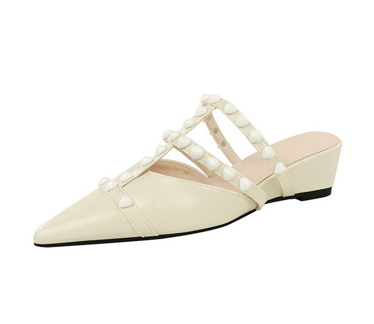 Fairy Pearl Chain Toe Cap Slipper Outer Wear Comfortable All Match High Grade Slip on Women Shoes