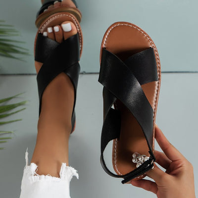 Cross Strap Flat Sandals Women Retro Wide Band Open Toe Beach Slippers Sandal