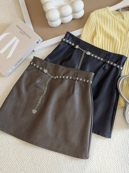 Brown Super Popular Faux Leather Skirt Skirt Women Spring Autumn A line Skirt Design Chain Anti Exposure Slim Fit Hip Skirt