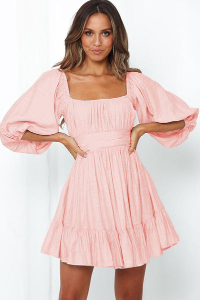 U Collar Pullover Dress Women Solid Color Mid-Sleeve Pleated Knee Length