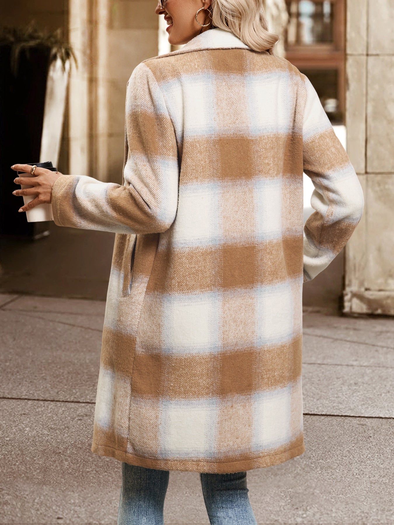 Autumn Winter Casual Retro Mid Length Double Breasted Collar Brushed Plaid Coat