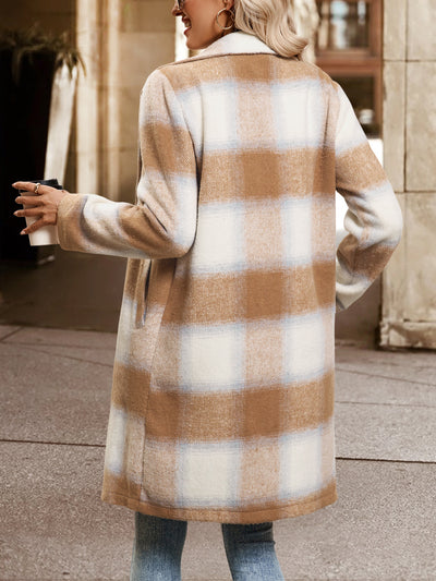 Autumn Winter Casual Retro Mid Length Double Breasted Collar Brushed Plaid Coat