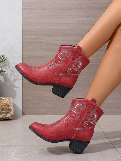 Pointed Embroidered Solid Color Chunky Heel Leather Boots Women Short Solid Color Slip on Knight Martin Boots