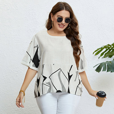 Plus Size Round Neck Art Printed Top Popular Printed Loose Casual