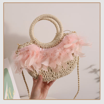 Fairy Feather Crossbody Straw Bag Cute Portable Semicircle Straw Bag Woven Bag Rattan Weave Bag Seaside Vacation Beach Bag