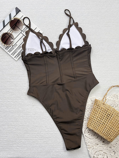 Bikini Brown Deep V Plunge Strap One Piece Swimsuit