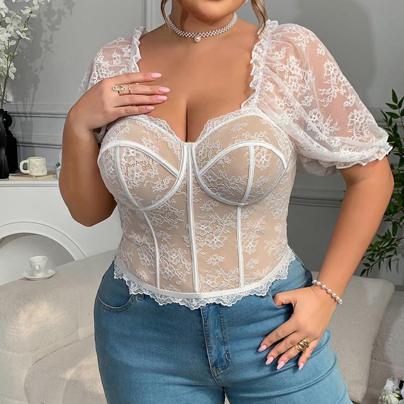 Sexy Lace See through Puff Sleeve Lace Boning Corset Top