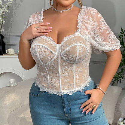 Sexy Lace See through Puff Sleeve Lace Boning Corset Top
