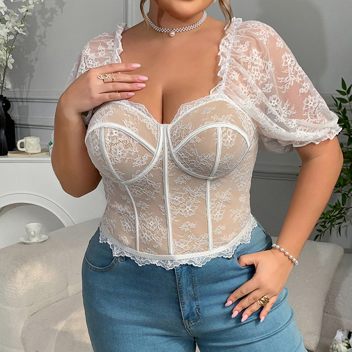 Sexy Lace See through Puff Sleeve Lace Boning Corset Top