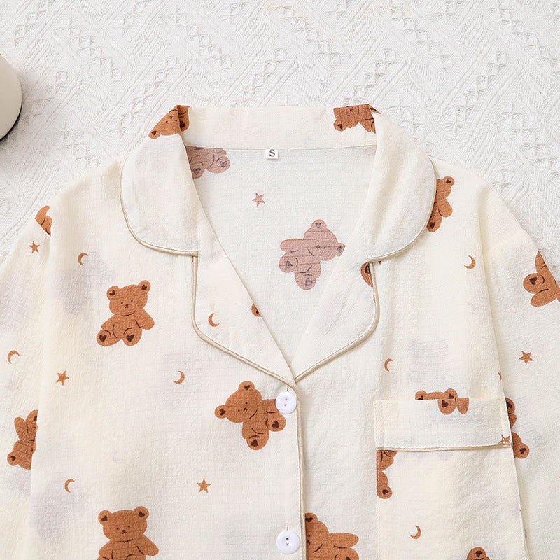 Women Long Sleeved Trousers Spring Autumn Set Sweet Outer Wear Girl Cardigan Cartoon Bear Pattern Home Wear