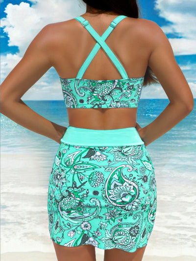 Printed Drawstring High Waist Split Bikini plus Size Three Piece Sets Swimsuit Women