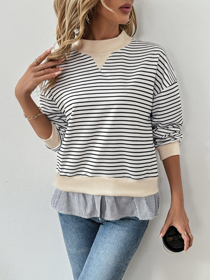 Casual Date Office Half Turtleneck Loose Striped Faux Two Pieces Sweater Women