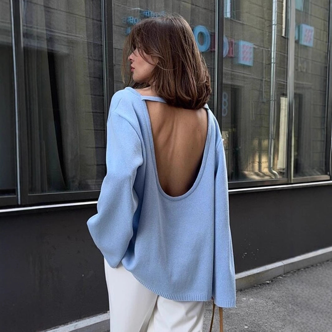 Cotton Pullover Autumn Winter Backless Sweater Loose Knitted Pullover Sweater for Women