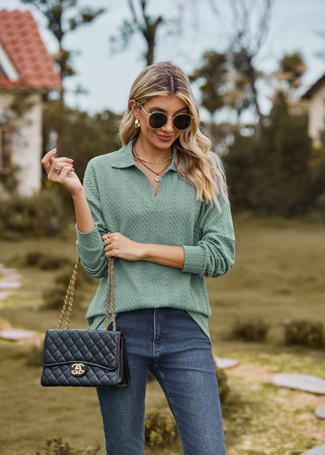 Autumn Winter Solid Color Polo Collar Loose Long Sleeve Sweatershirt Coat Women Jacket