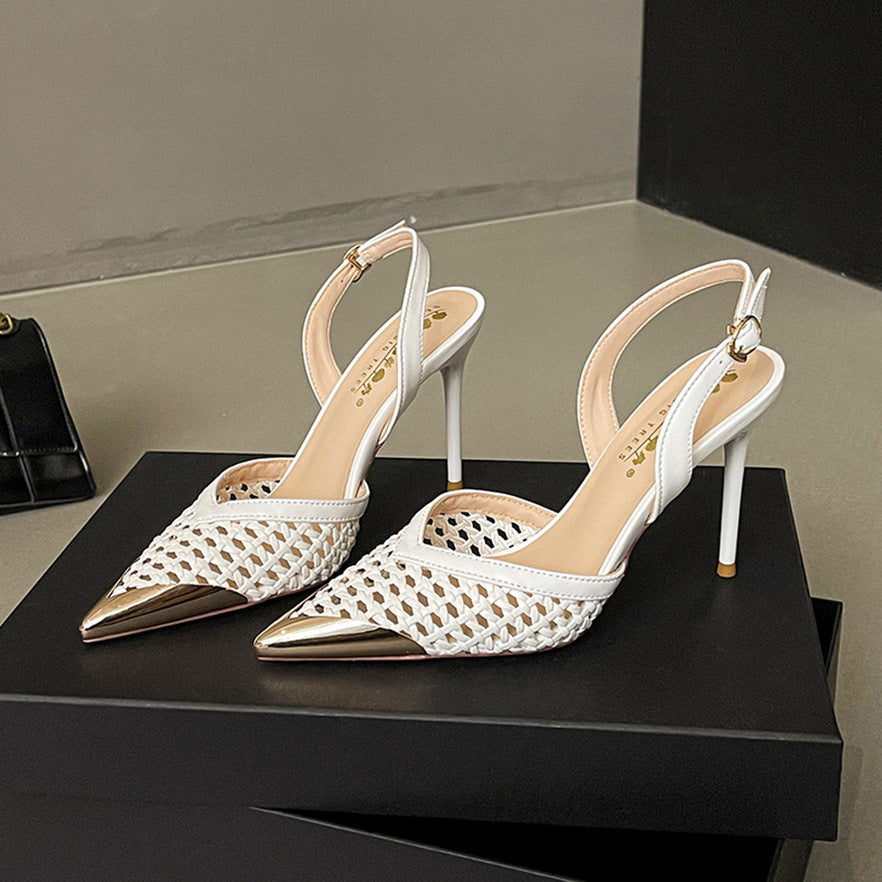 Hollowed out Woven Stiletto Sandals Women High Grade Metal Pointed Toe Strap High Heels