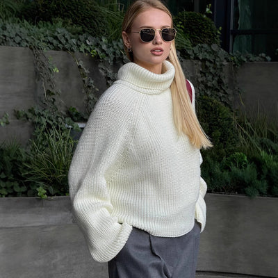 High Collar Warm Sweater Women Autumn Winter White Pullover Sweater Loose Sweater