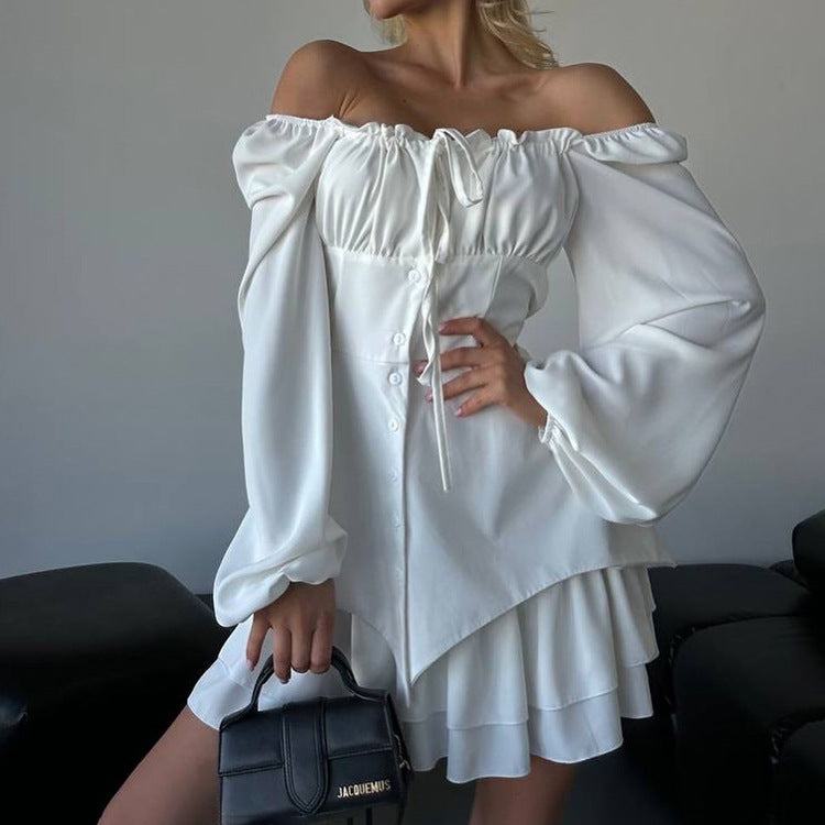 French Square Collar Graceful Puff Sleeve Fitted Waist Pleated Short Dress Women Faux Two Piece A line Dress