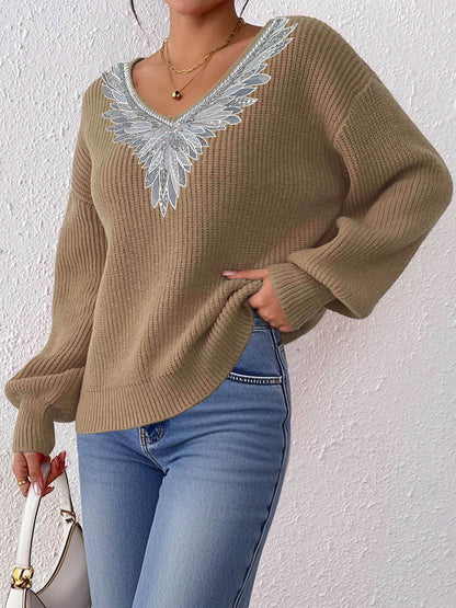 Lace Sequined Bow Tie V neck Patchwork Pullover Women Clothing Loose Lazy Long Sleeve Sweater
