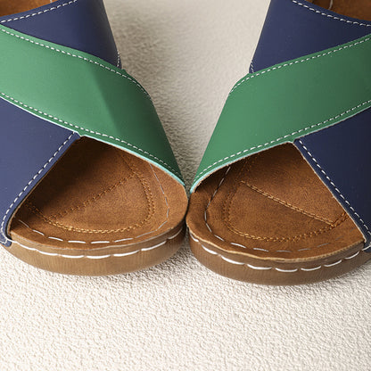 Platform Cross Wedge Sandals Women Outer Wear Contrast Color Breathable Velcro Beach Slippers