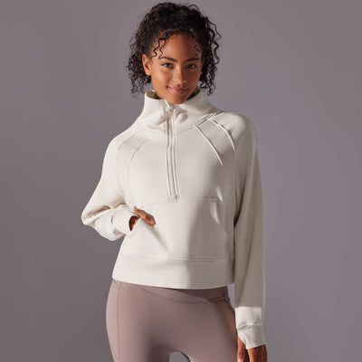 Trendy High Collar Warm Brushed Lining Zipped Sports Coat Loose Yoga Casual All Matching Sweater