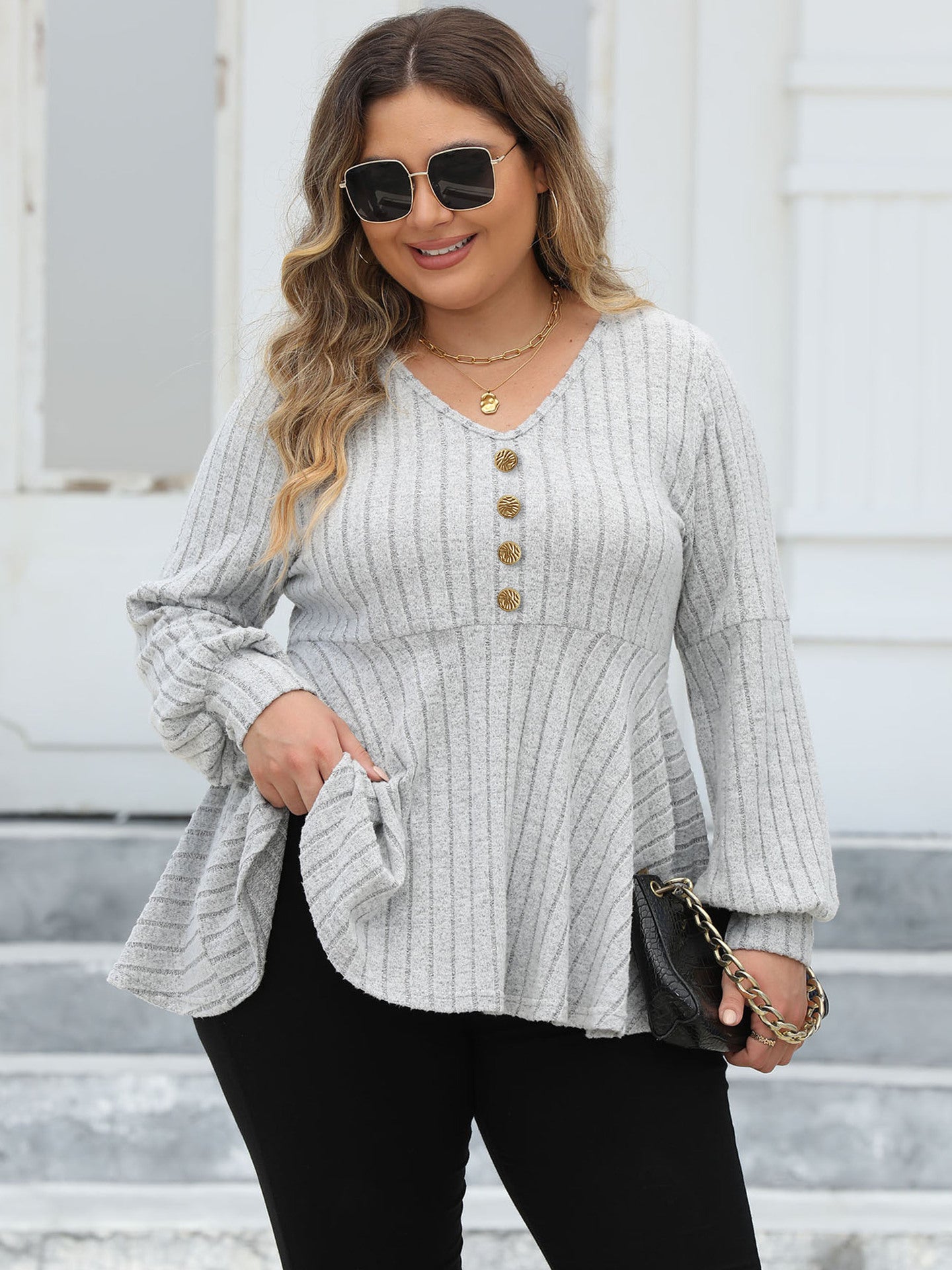 Women Tops plus Size Women Doll Shirt V neck Sunken Stripe Fleece Lantern Sleeve T shirt Gold Fastener Decoration Top