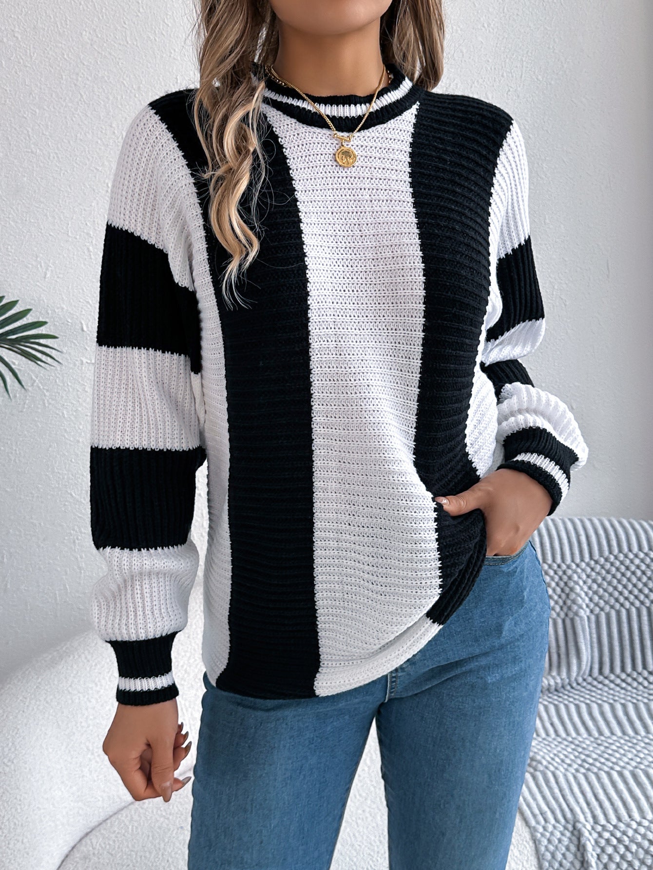 Autumn Winter Casual Contrast Color Striped Lantern Long Sleeve Pullover Women Clothing