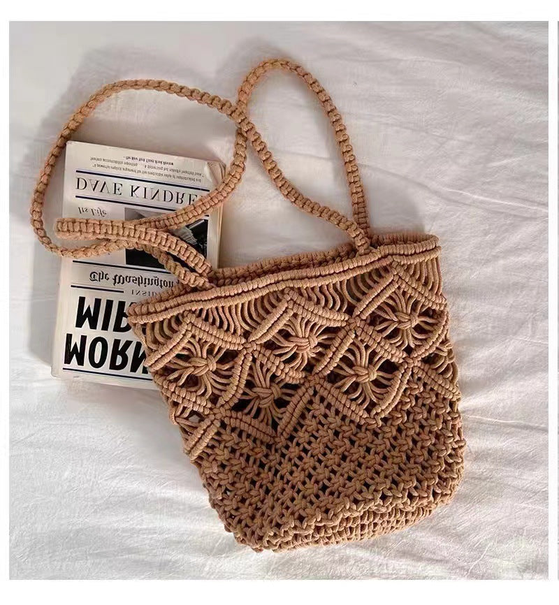 Artistic Simple Cotton Thread Shoulder Woven Bag Summer Niche Hollow Out Cutout Straw Bag Portable Women Bag Vacation Beach Bag - GLAMWEARS