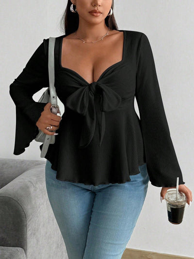 Plus Size Women Sexy Adult Lady like Woman V neck T shirt Autumn Winter Bell Sleeve Waist Controlled Long Sleeves Top
