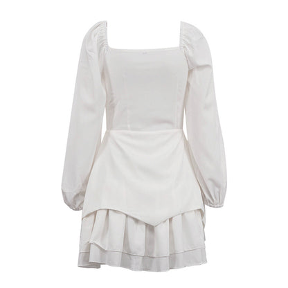 French Square Collar Graceful Puff Sleeve Fitted Waist Pleated Short Dress Women Faux Two Piece A line Dress