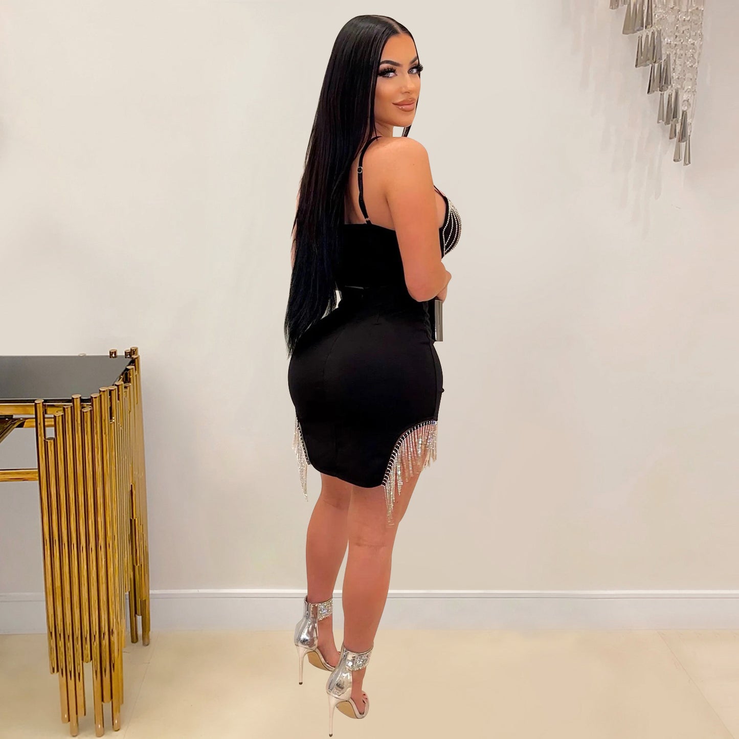 Women Wear Drilling Tassel Sleeveless Slip Dress Two Piece Set