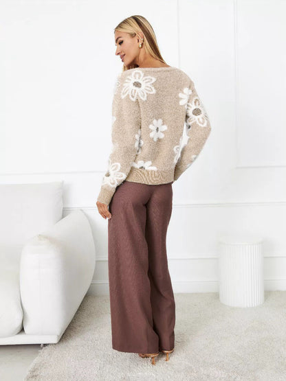 Short Floral Knitted Cardigan Autumn V neck Mink Velvet Brocade Sweater Women