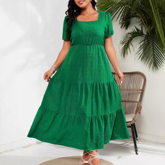 Women Bubble Sleeve Square Collar Back Pleating Short Sleeve Pocket Dress