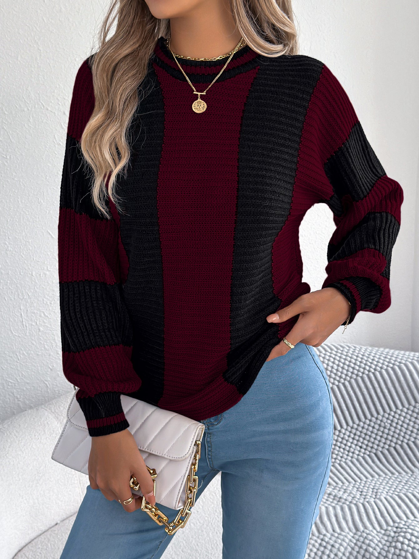 Autumn Winter Casual Contrast Color Striped Lantern Long Sleeve Pullover Women Clothing