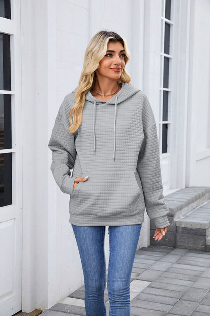 Autumn Winter Solid Color Hooded Pocket Loose Long Sleeve Sweatershirt Coat for Women