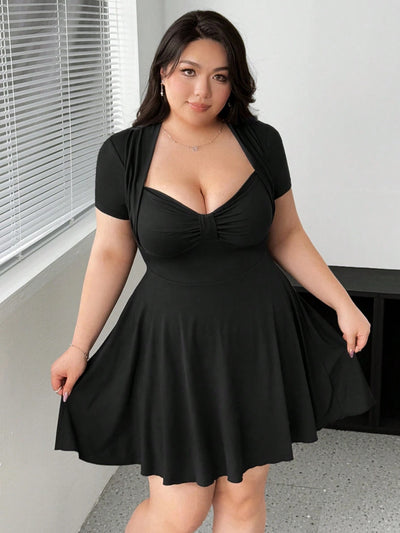 Plus Size Women Sexy Dress Summer V neck Waist Controlled Slim Fit Slimming Design Short Dress