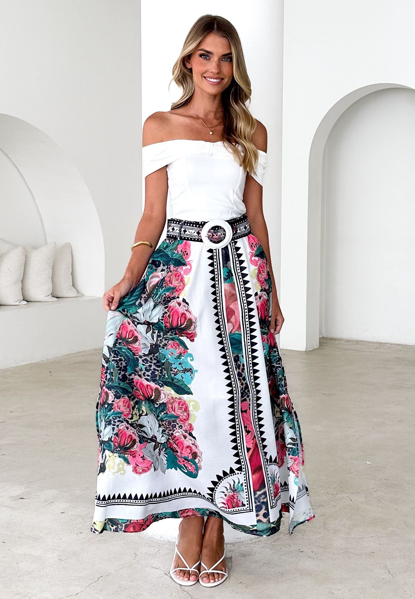 Women Summer High Waist Elastic Waist Loose Printed Long Skirt