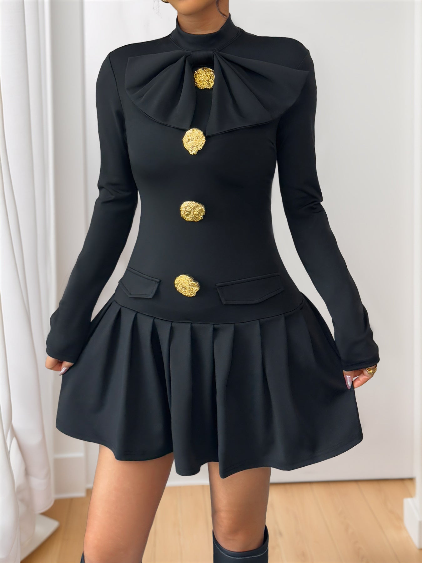 Elegant Sweet Bow Fastener Decoration Half High Collar Long Sleeves Autumn Dress
