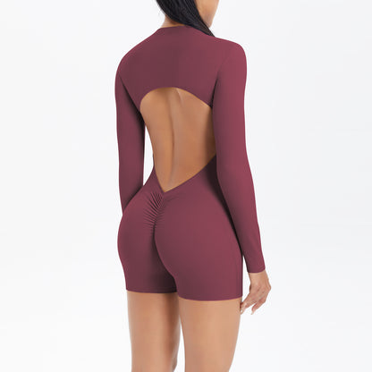 Hollow Out Cutout Beauty Back Half Open Zipper One Piece Peach Hip Sports Fitness Bare Back Jumpsuit Yoga Clothes Women