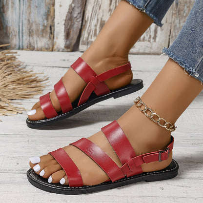 Buckle Flat Sandals Women Retro One Word Buckle Beach Slippers Sandal