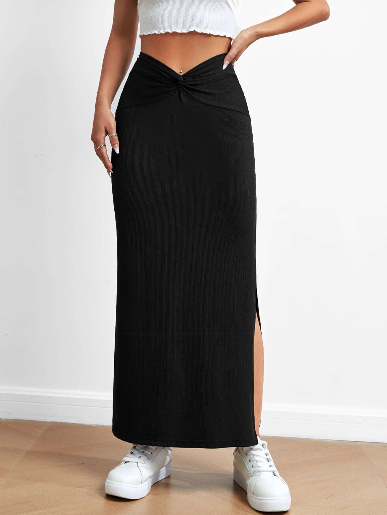 Women Clothing Simple Design Skirt Autumn Winter High Waist Drape Slit Dress