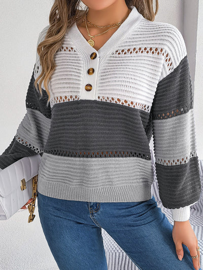Autumn Winter Casual Button V neck Hollow Out Cutout Color Matching Lantern Sleeve Pullover Sweater Women Clothing