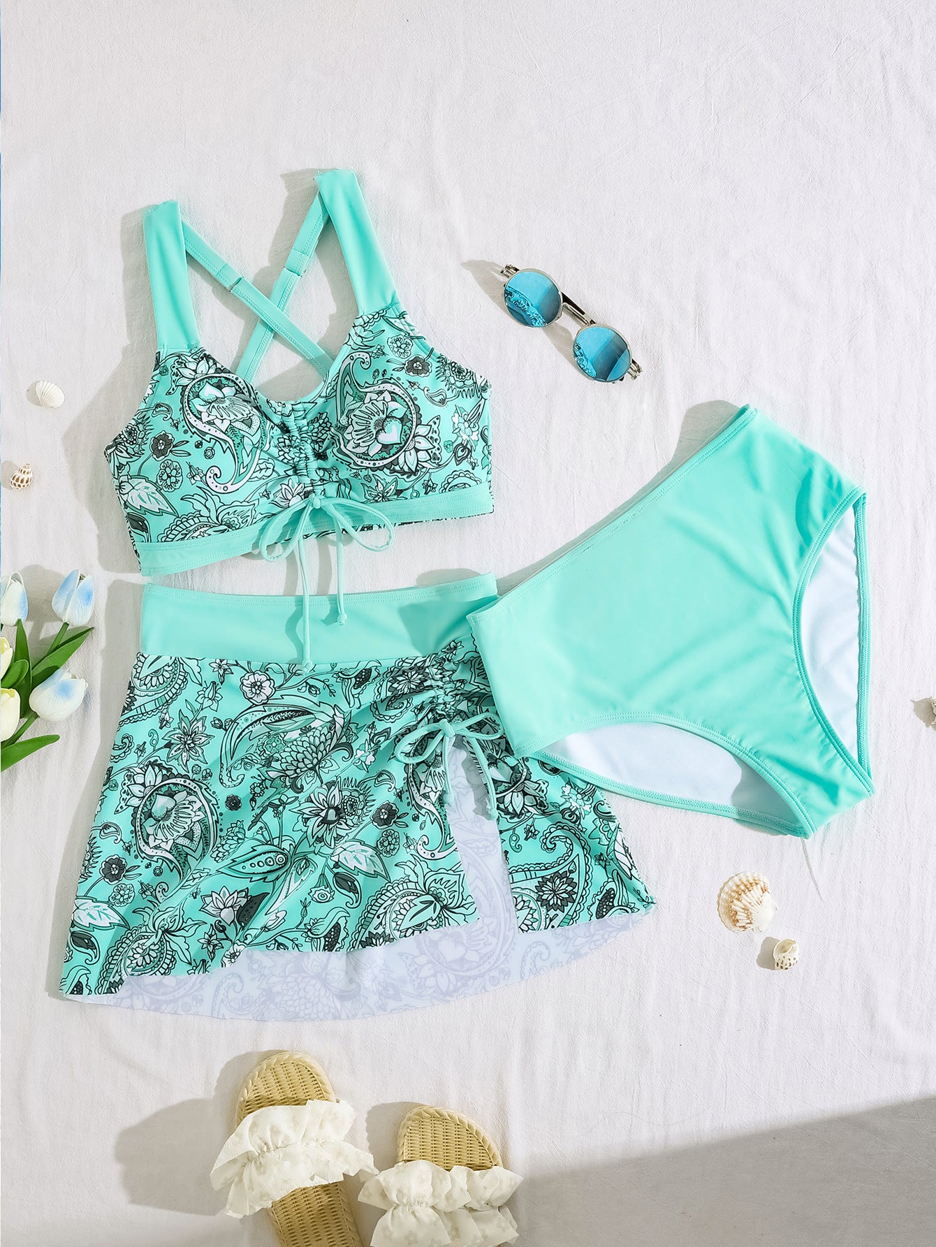 Printed Drawstring High Waist Split Bikini plus Size Three Piece Sets Swimsuit Women