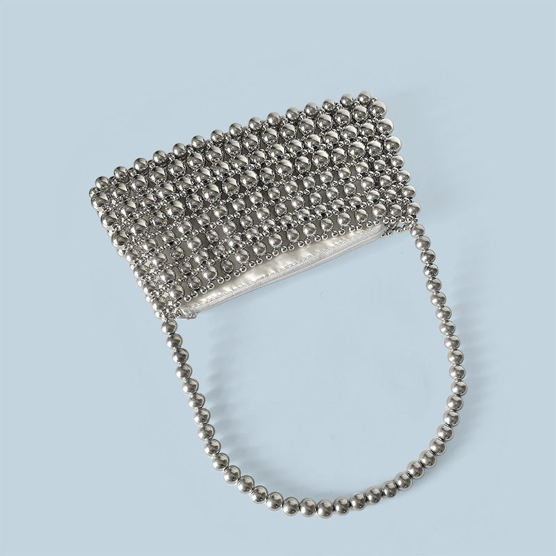 Handmade Beaded Weave Shoulder Bag Simple Handbag Silver Beaded Boat Bag - GLAMWEARS