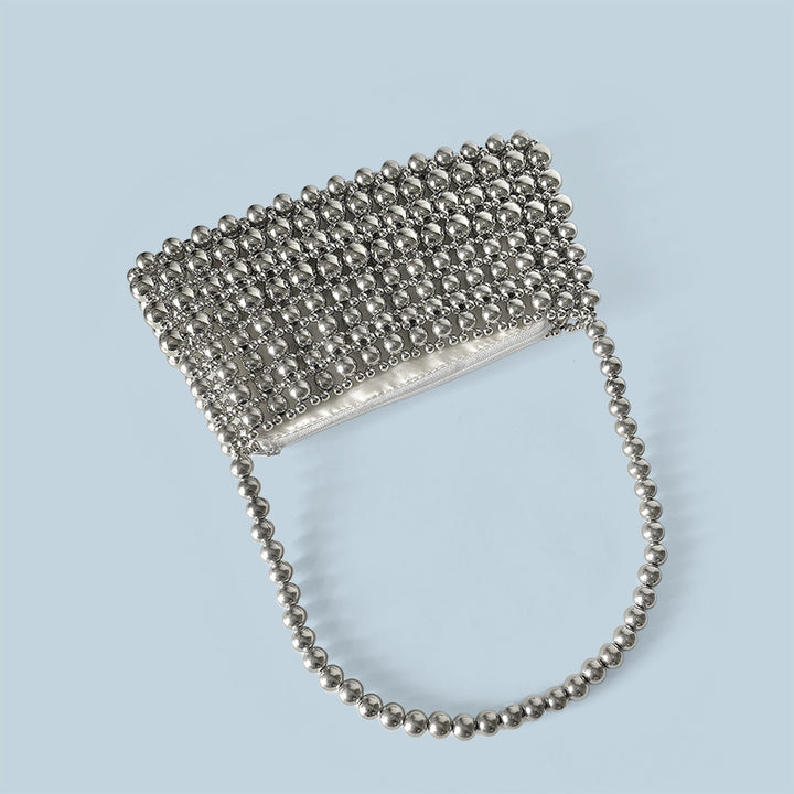 Handmade Beaded Weave Shoulder Bag Simple Handbag Silver Beaded Boat Bag - GLAMWEARS