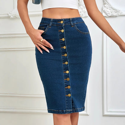 Ladies One Piece Front Row Buttons Multi Buckle Sheath Pencil Skirt Stretch Denim Midi Skirt