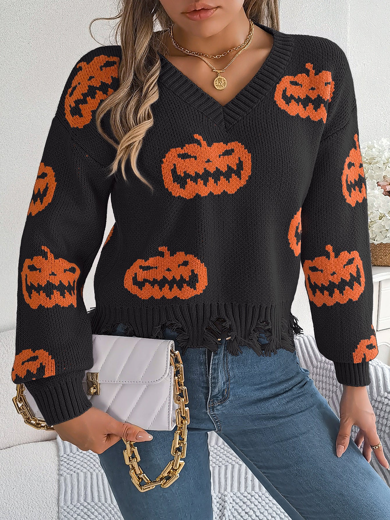Autumn Winter Halloween Contrast Color Pumpkin Cut Rotten Long Sleeve Pullover Women Clothing
