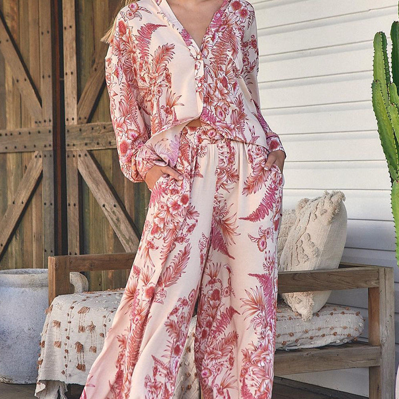 Spring Women Clothing Long Sleeve Printed Shirt Wide Leg Trousers Two Piece Set