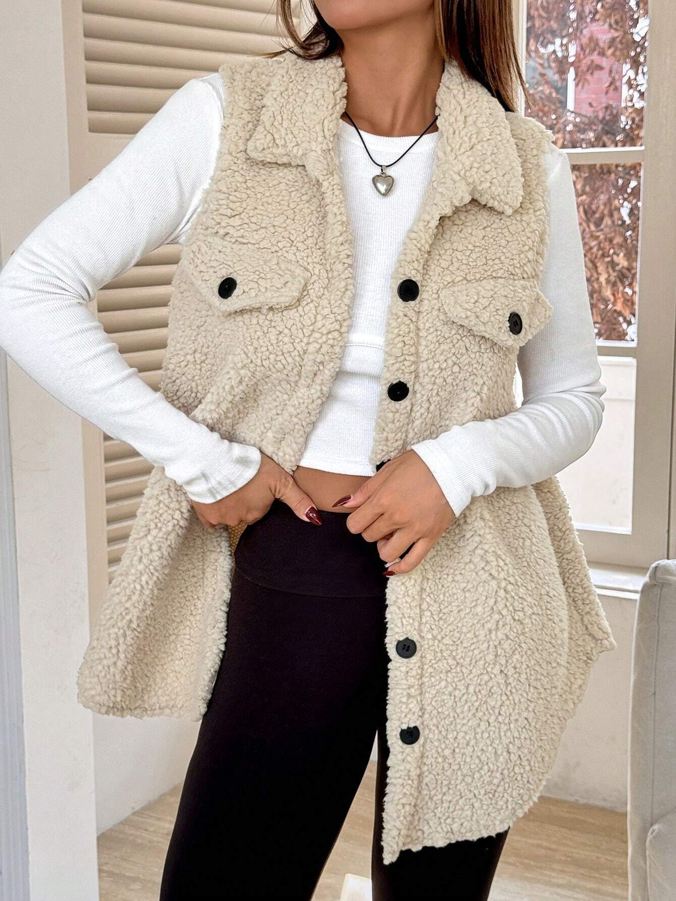 Fall Winter Lapels Open Buckle Plush Vest Cardigan Loose Office Faux Cashmere Women